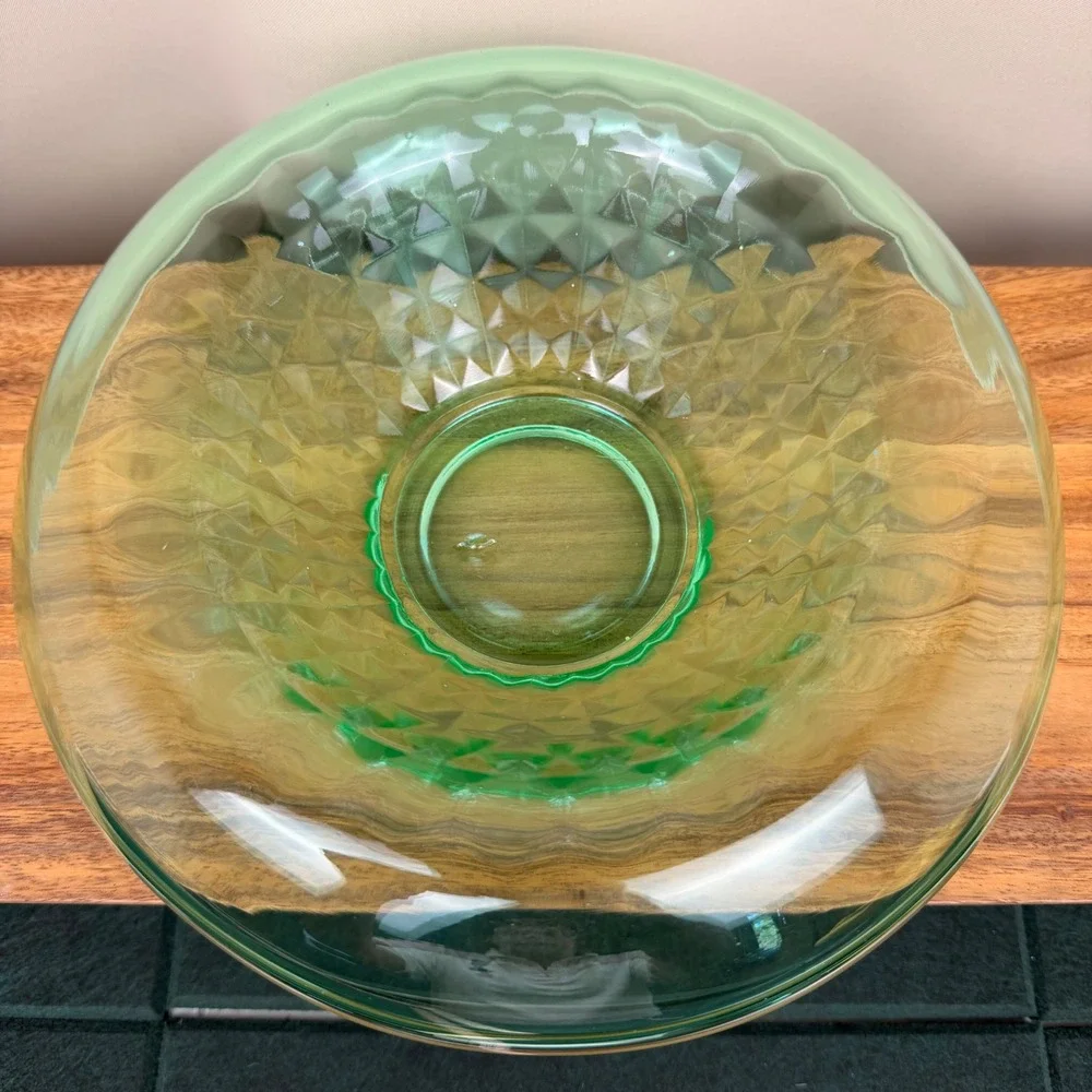 Imperial Glass Flat Diamond Green Uranium Glass Console Bowl Rolled Rim Vintage